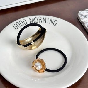 Retro gold alloy hair ties with brushed metal and faux pearl shell on black elastic band