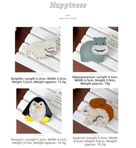 Detailed size specifications for cute acetate animal hair claws including dolphin and hippo