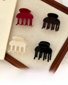 Vue détaillée de pinces à cheveux en résine brillante en rouge, marron, crème et noir