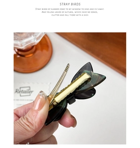 Détail de la pince crocodile en métal doré avec dents antidérapantes sur barrette en acétate