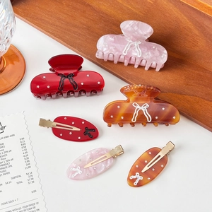 French Acetate Bowknot Hair Claw Clip With Rhinestones Elegant Marble Pattern Shark Clip For Women Fashion Hair Accessories