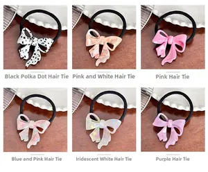 Set of six colorful acetate bow elastic hair ties with diverse marble and polka dot patterns