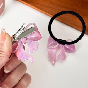 Pink marble acetate hair bow clip and matching elastic scrunchie set for women