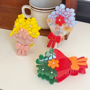 Pince à Cheveux Élégante en Acétate Bouquet de Fleurs avec Strass et Nœud Accessoires de Coiffure Mode pour Femmes Fête