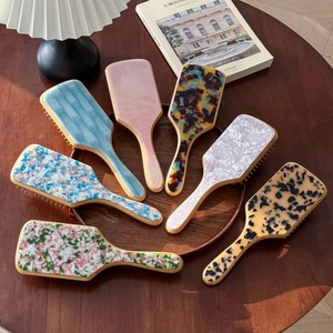 Vintage Acetate Marble Pattern Paddle Hair Brush Wood Handle Antistatic Scalp Massage Air Cushion Comb For Women Hair Care