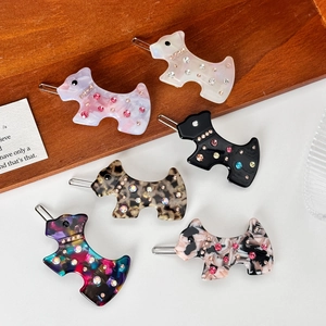 Women Elegant Acetate Dog Hair Clips With Rhinestone Fashion Scottish Terrier Hairpins Versatile Side Fringe Clips