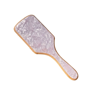 Acetate wood cushion hairbrush with purple marble finish and natural bamboo handle