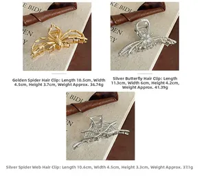 Detailed views of gold spider, silver butterfly, and web hair claws with size dimensions