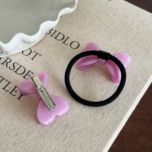 Set de barrette à nœud rose pailleté et chouchou élastique en résine pour femme