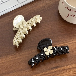 French Elegant Acetate 3D Flower Hair Claw With Imitation Artificial Pearls Shark Clip For Women Daily Styling Hair Accessories