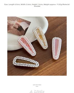 Detail showing pearl-embellished acetate hair clips in various colors with specific dimensions
