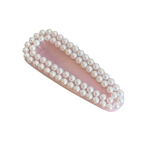 Pink translucent acetate hair clip with elegant double-row white pearls for women