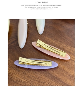 Detail view of acetate resin duckbill hair clips in pastel colors on wooden surface