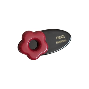 Elegant red acetate flower hair clip with France Handmade gold lettering on black base