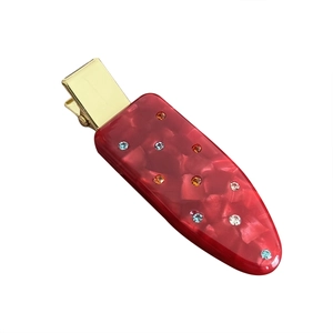 Elegant red marble acetate hair clip with colorful rhinestones and gold metal base