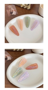 Detail view of colorful holographic acetate hair clips in waterdrop shape with metal base