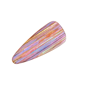 Colorful iridescent acetate triangle hair clip with pearlescent rainbow stripes on white background