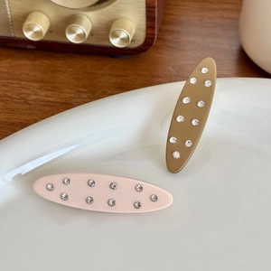 Elegant oval acetate hair clips with rhinestones in pink and khaki colors