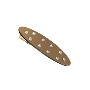 Elegant oval brown acetate hair clip with rhinestones and golden metal duckbill clip