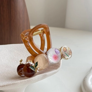 Vintage amber resin hair claw clip with floral beads and red berry pendant charms