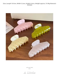 Detail shot of large acetate shark hair claws with rhinestones in four soft colors