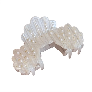 Elegant shell-shaped acetic acid hair claw clip with pearl and gold bead embellishments