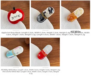 Vue détaillée des barrettes en acétate avec dimensions et poids précis pour chaque style