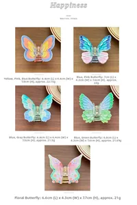 Detailed size measurement and weight specs of colorful butterfly hair claws on wood