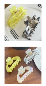 Detail view of acetate heart hair claws in lemon yellow and tortoiseshell patterns