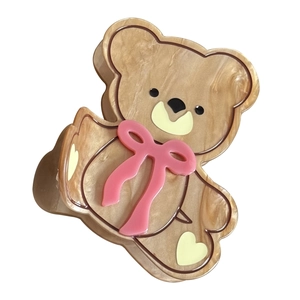 Pince à cheveux ours mignon en acrylique marbré avec nœud rose 3D et petit cœur jaune
