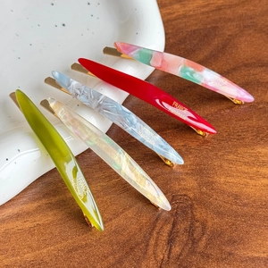 French style acetate hair clips with gold label, set of five elegant marble patterned barrettes