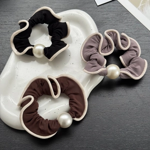 Korean Style Simple Fabric Scrunchie With Elegant Imitation Artificial Pearl Wavy Edge Hair Tie Elastic Hair Band For Women Daily Hair Accessories