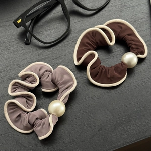 Elegant pearl hair scrunchies in coffee and grey purple with wavy texture and pearl detail