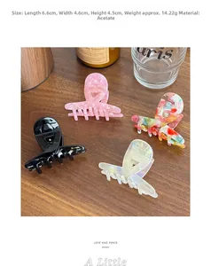Detail showing acetate hair claw clips in four patterns with 6.6cm size measurements