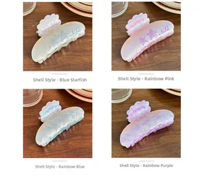 Detailed macro view of four colorful acetate starfish hair claws in a 2x2 grid layout