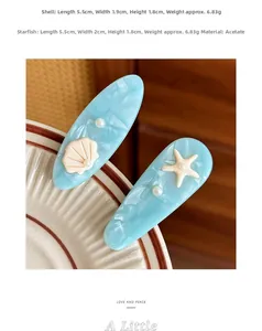 Detailed macro view of ocean theme shell and starfish hair clips made of acetate material
