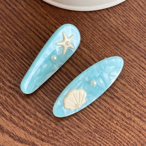 Ocean Style Acetate Hair Clip Women Light Blue Marble Pattern Starfish Shell Faux Artificial Pearl Duckbill Clip Sweet Hair Accessory
