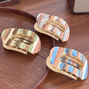 Three-piece frosted abalone curved hair claw clips with vintage colorful striped patterns