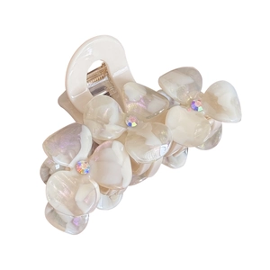 Elegant pearl white acetate hair claw clip with diamond studded flowers for women