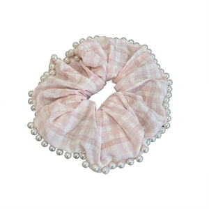Elastico per capelli a quadretti rosa e bianchi con perle per coda di cavallo alta