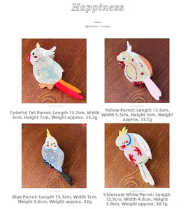 Detailed size and weight specs for acetate bird claw clips in four colorful styles