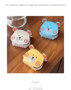 Detailed size view of acrylic bear hair claw clips in white blue and yellow colors