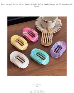Detailed view of ink pattern resin hair claws in six colors with size 10x5.8x3.4cm