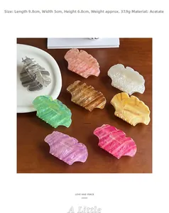 Detailed size view of acetate hair claws in 8 colors with marble texture and dimensions