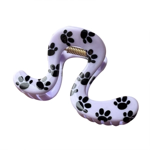 Cute lavender wavy hair claw clip with black cat paw prints and golden metal spring