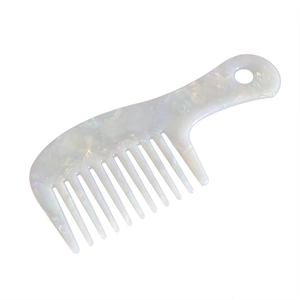 Pearlescent white acetate wide-tooth hair comb with long handle for detangling