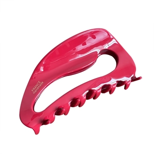 Large dark pink acetate hair claw clip with gold France Handmade text in a minimal design