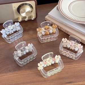 Pinces à Cheveux Griffes en Acrylique Transparent avec Fleurs 3D et Strass Style Élégant Coréen pour Femmes