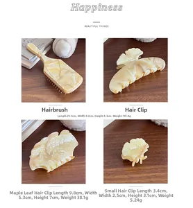 Detailed views of amber marble maple leaf hair claw and paddle brush set with dimensions