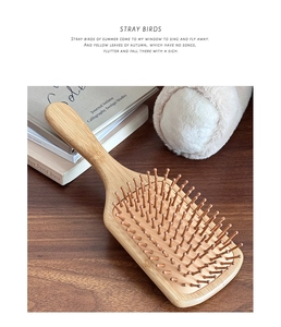 Close-up of a large square bamboo hairbrush with a soft air cushion and wooden bristles